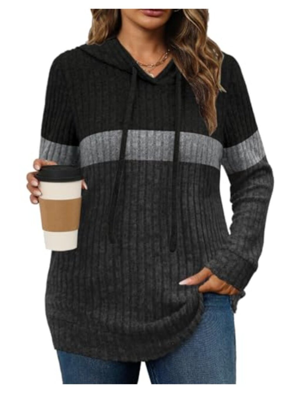 Plus Size Ribbed Knit Hoodie Sweater Long Sleeve Pullover Tunic Top